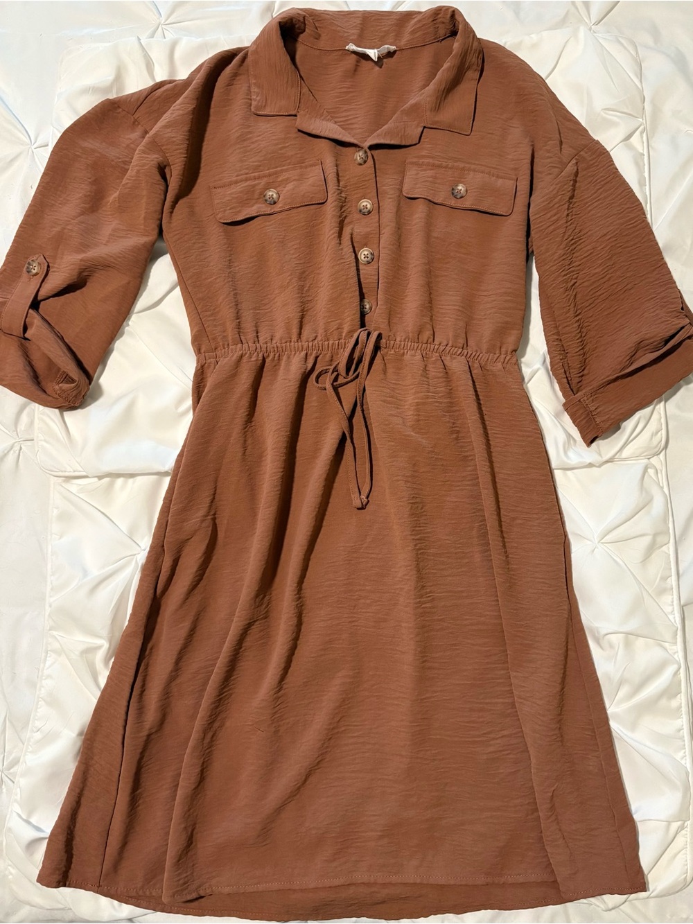Lucky Brand Brown Solid Shirt Dress Button Front Tie Waist Pockets Size M